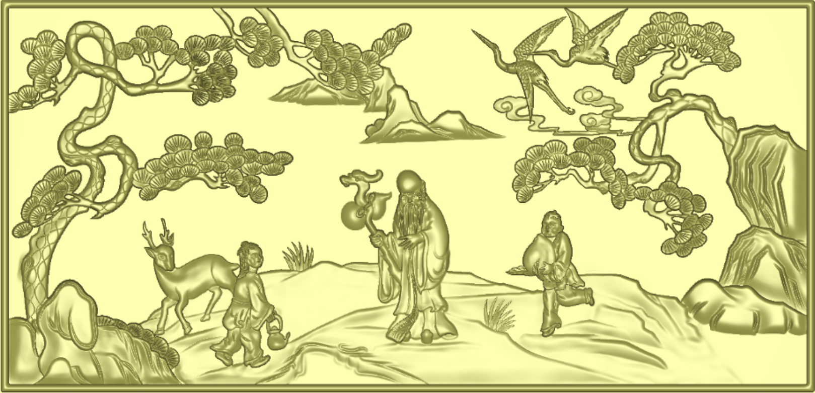 松鹤延年牌匾精雕JDP图-福禄寿喜老人与仙鹤松树雕刻文件/古典木雕背景墙/茶盘板面浮雕素材