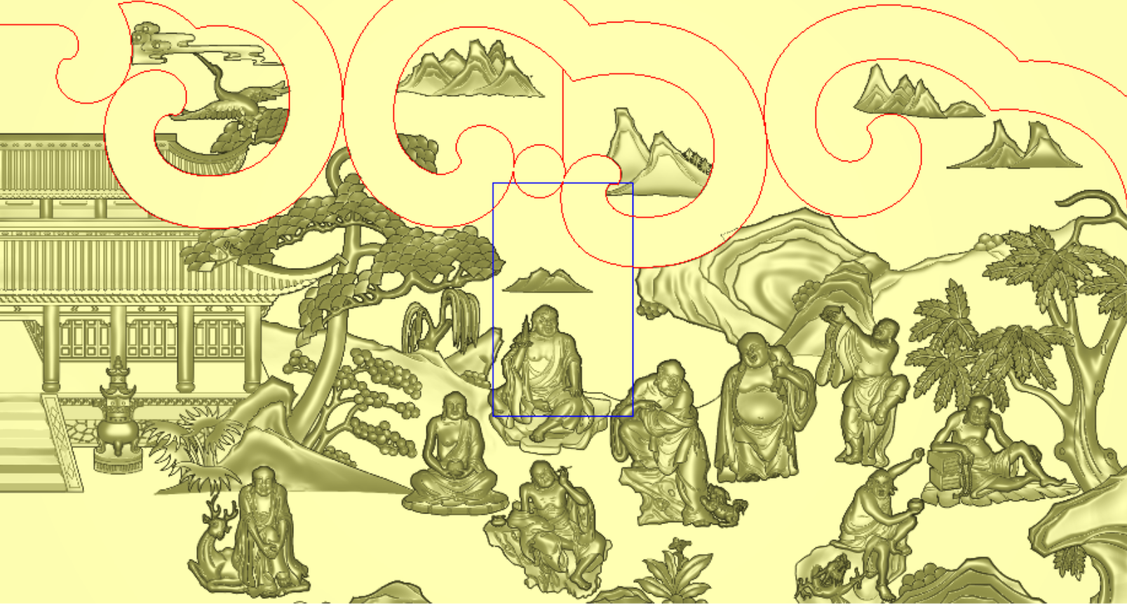 十八罗汉朝佛图JDP精雕文件-大型场景木雕浮雕板/中式屏风隔断雕刻/红木家具装饰背景墙立体雕刻素材
